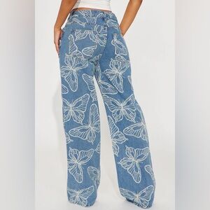 Blue Butterfly Print Wide Leg Jeans